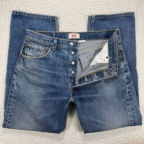 Levi’s 501 Jeans Men’s Size 35x33 (Actual 32x28) Blue Straight Button Fly Grunge - Picture 1 of 15